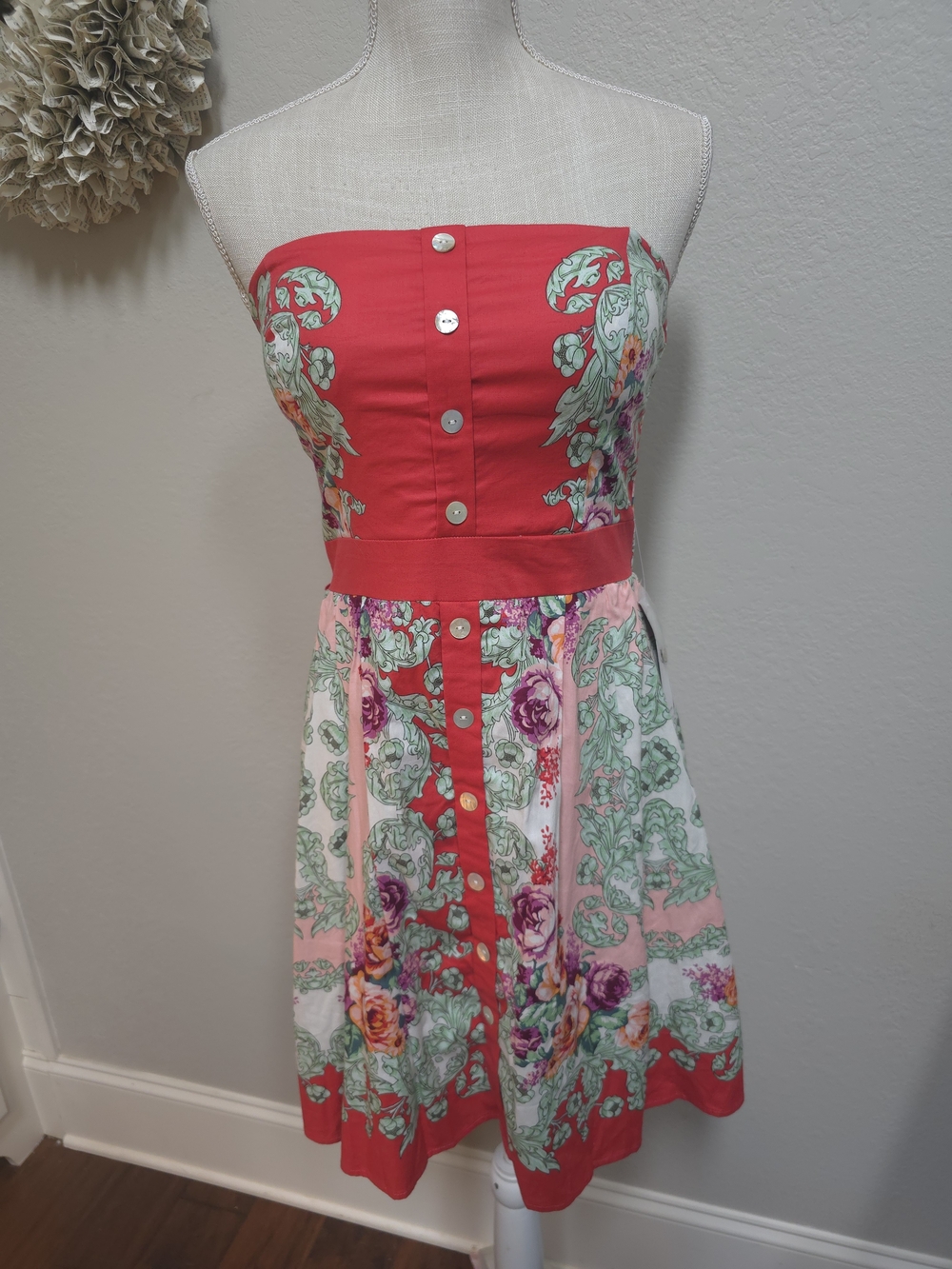 Teeze Me Strapless Red and Pink Floral Button-Front Dress